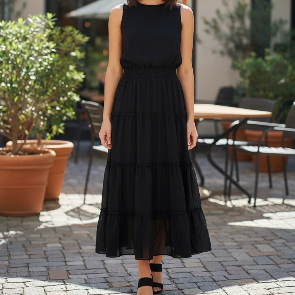 1.State Black Tiered Maxi Dress Sleeveless Smocked Waist Medium NWT
